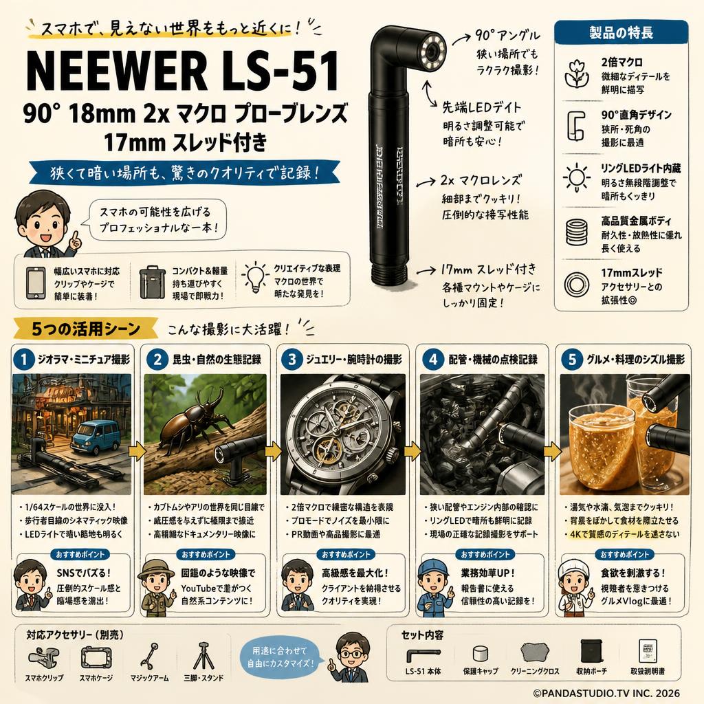 NEEWER LS-51 90° 18mm 2x マクロ プローブレンズ 17mm スレッド付き 用途