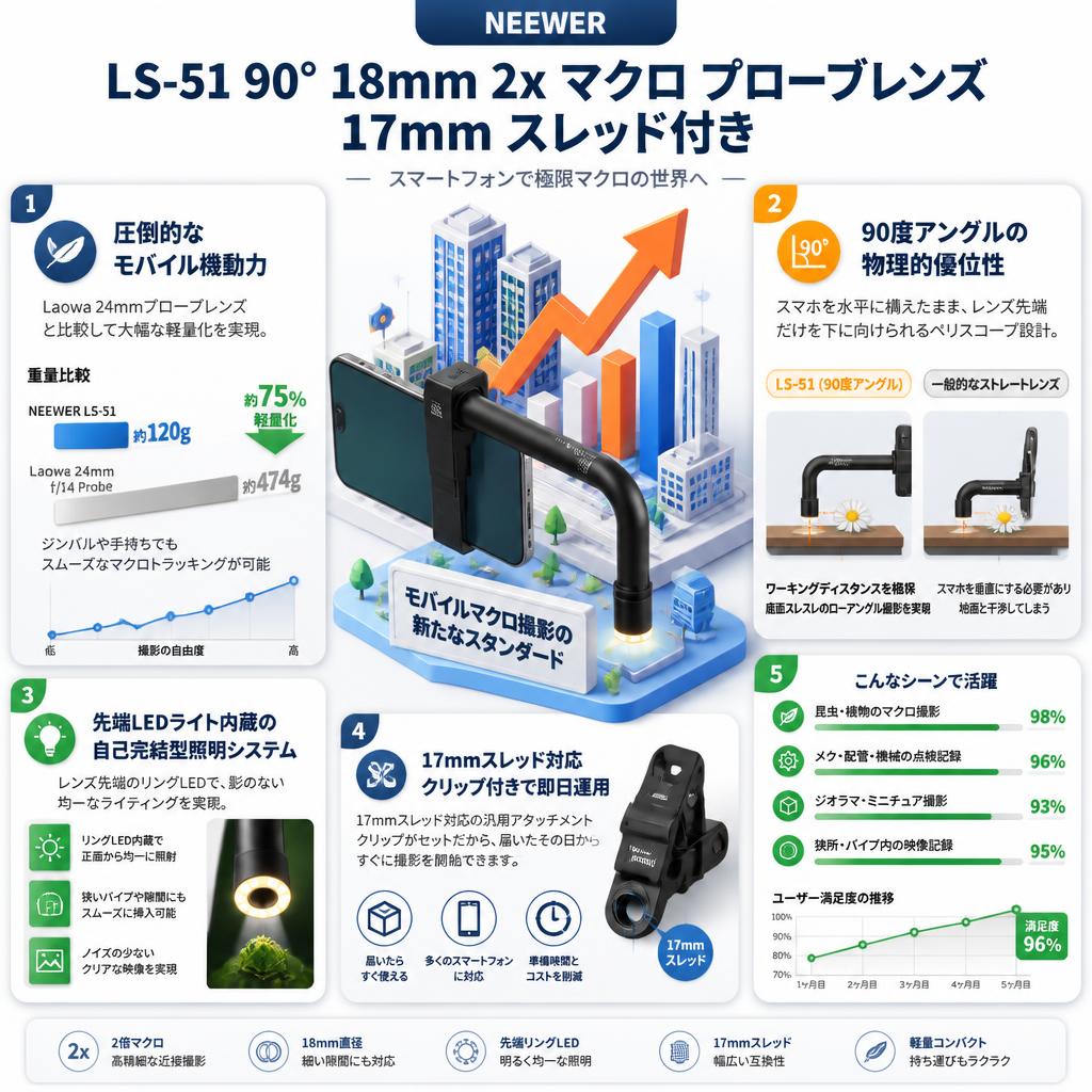NEEWER LS-51 90° 18mm 2x マクロ プローブレンズ 17mm スレッド付き セールスポイント