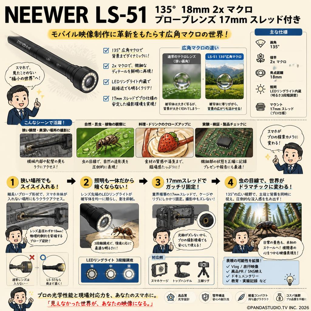 NEEWER LS-51 135° 18mm 2x マクロ プローブレンズ 17mm スレッド付き 概要