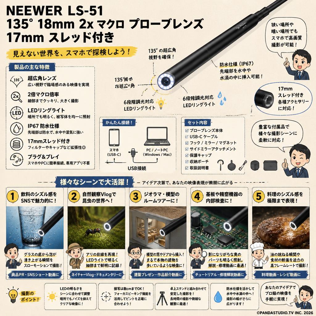 NEEWER LS-51 135° 18mm 2x マクロ プローブレンズ 17mm スレッド付き 用途