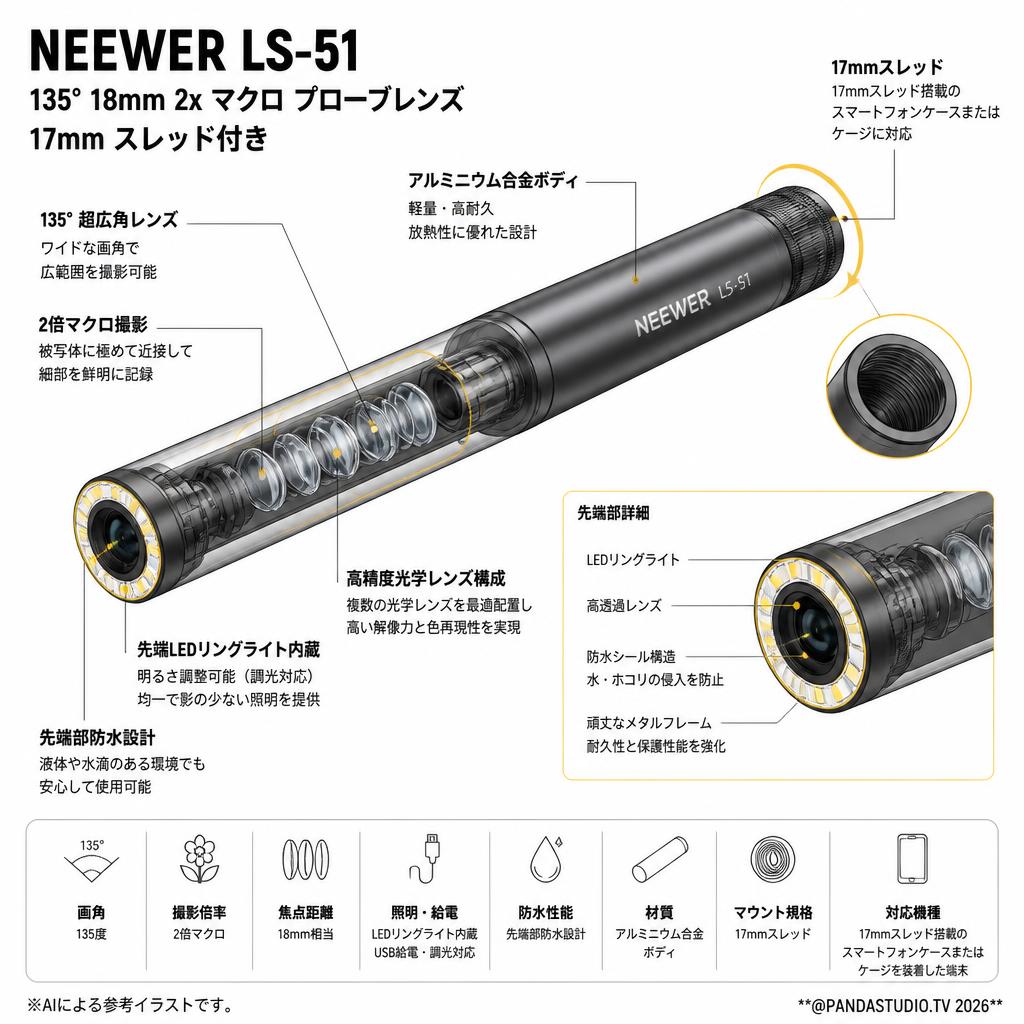 NEEWER LS-51 135° 18mm 2x マクロ プローブレンズ 17mm スレッド付き スペック