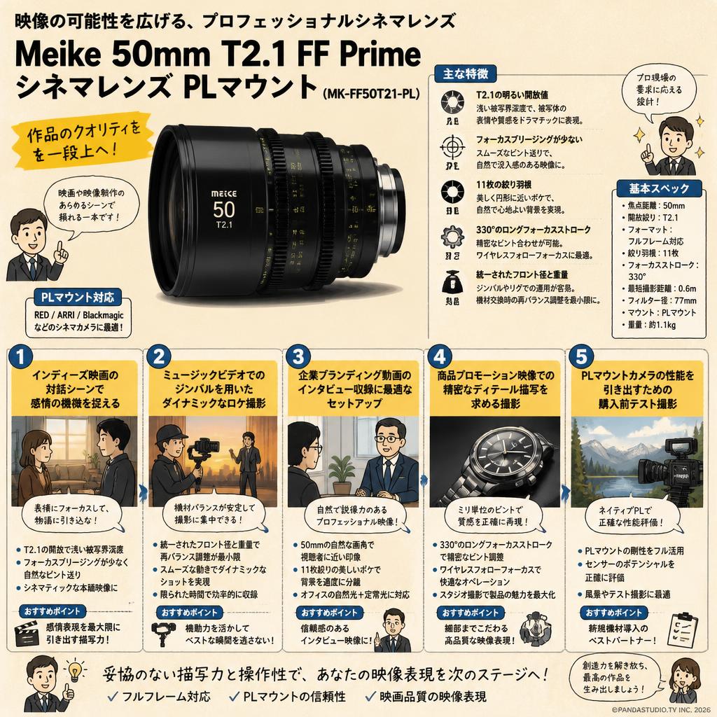 Meike 50mm T2.1 FF Prime シネマレンズ PLマウント (MK-FF50T21-PL) 用途