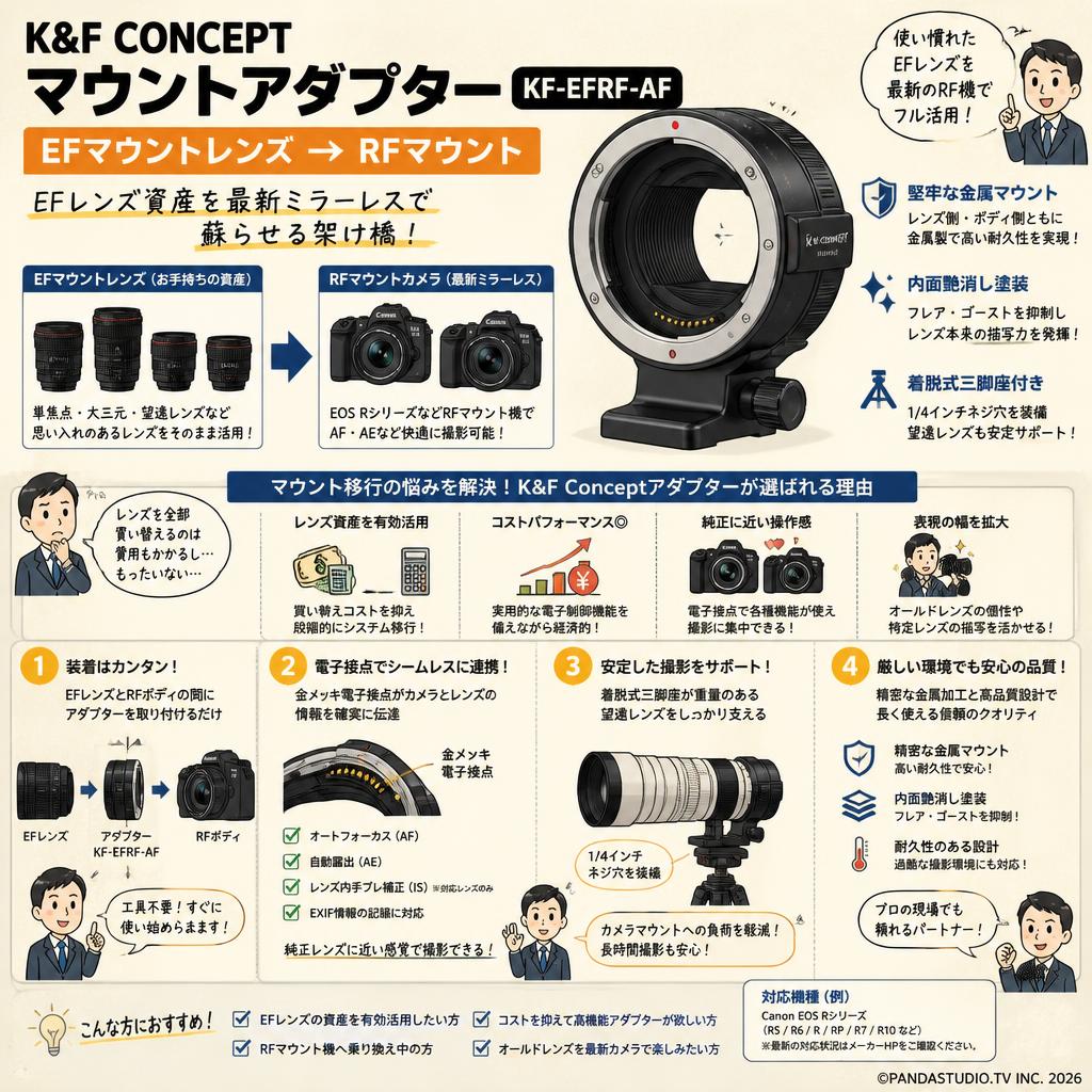 K&F Concept マウントアダプターKF-EFRF-AF EFマウントレンズ → RFマウント 概要