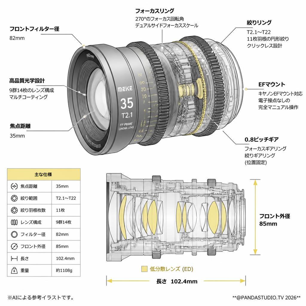 Meike 35mm T2.1 FF Prime シネマレンズ EFマウント (MK-35T21FF-EF) スペック