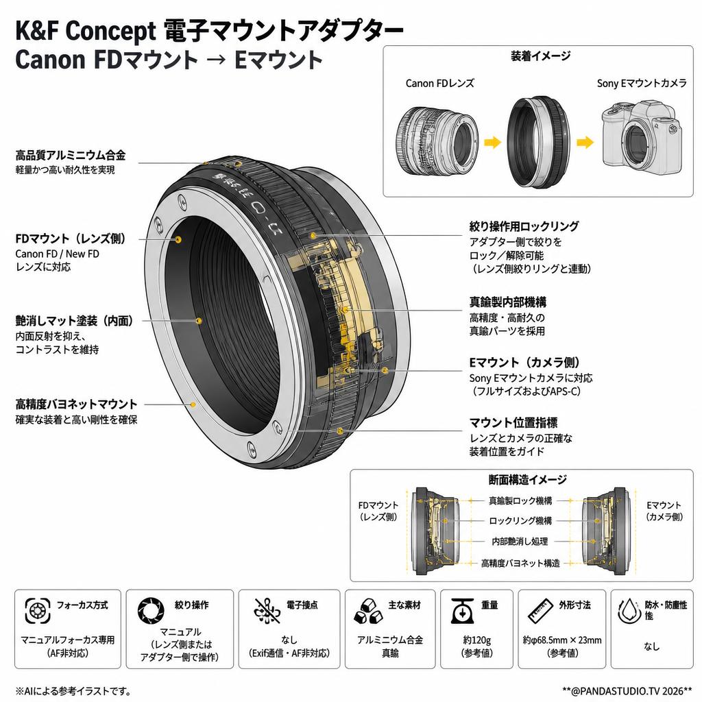 K&F Concept 電子マウントアダプター Canon FDマウント → Eマウント スペック