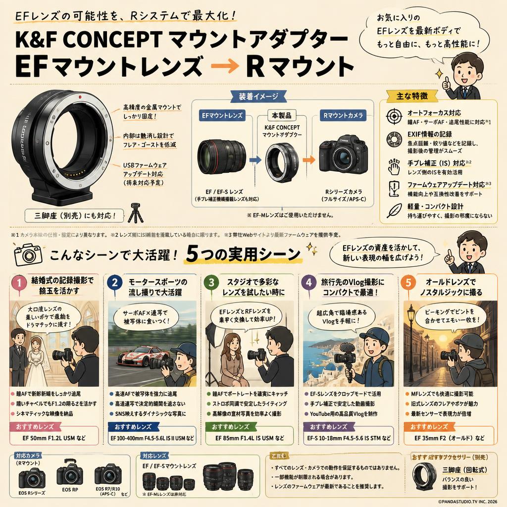 K&F Concept マウントアダプター EFマウントレンズ → Rマウント 用途