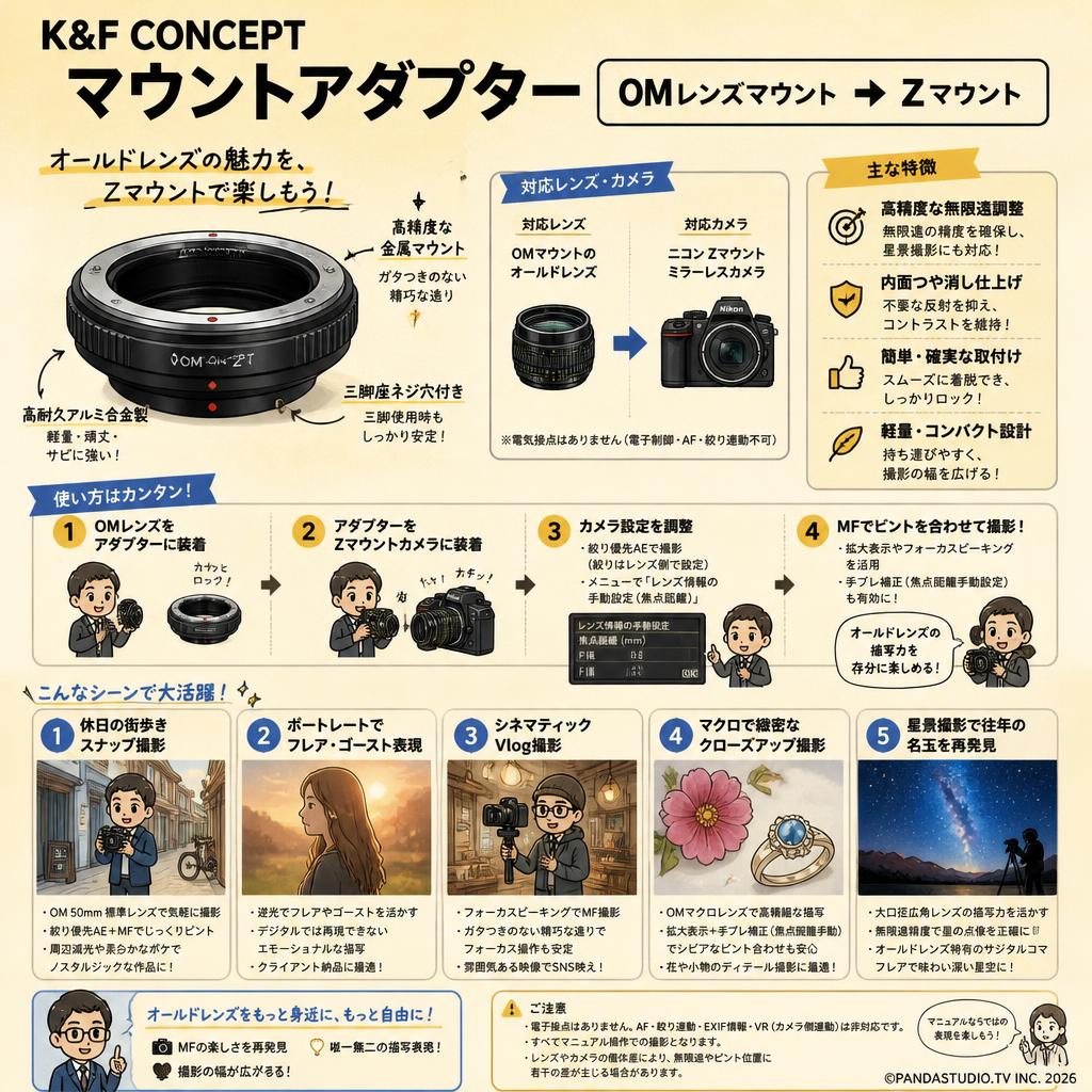 K&F Concept マウントアダプター OM レンズマウント→ Zマウント 用途