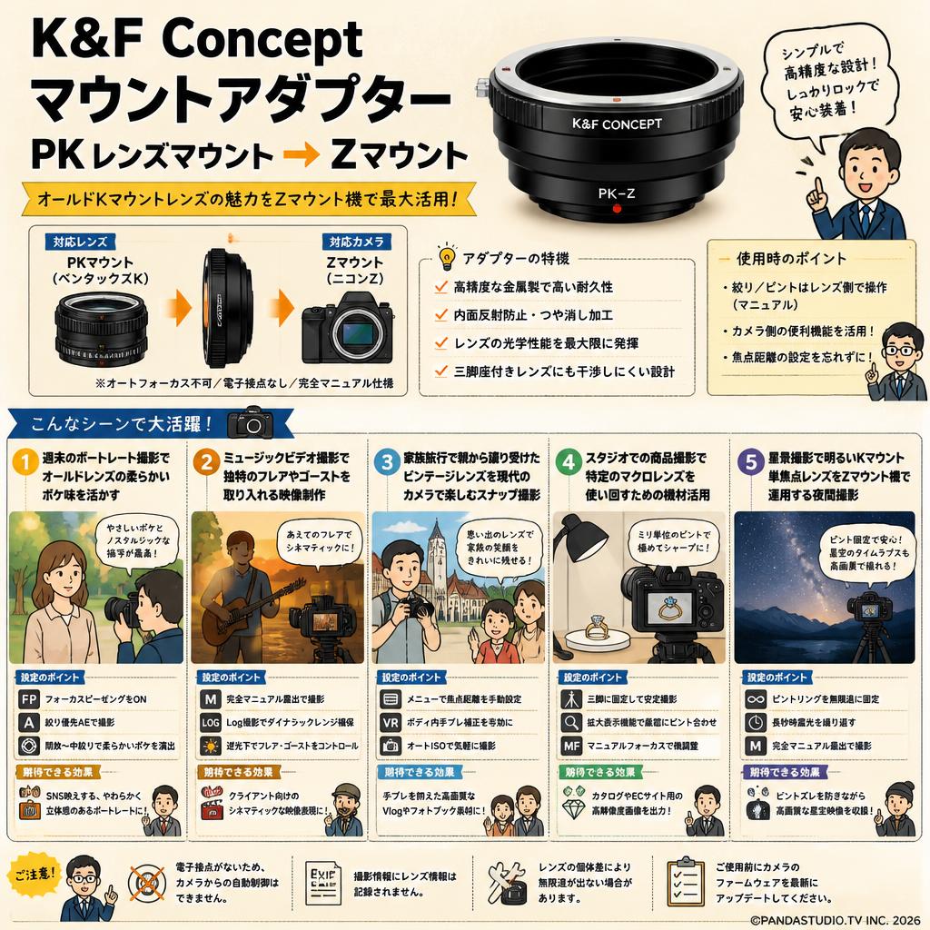 K&F Concept マウントアダプター PK レンズマウント→ Zマウント 用途