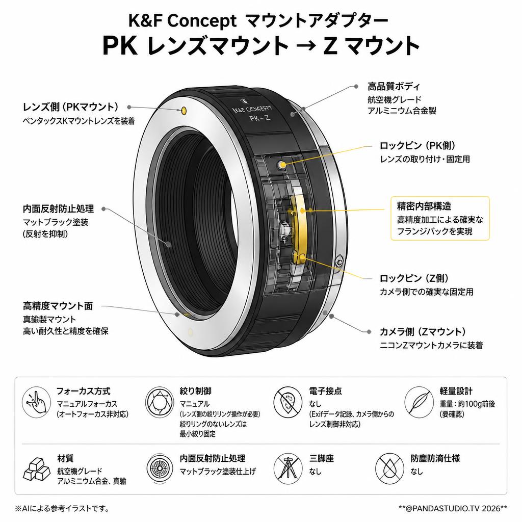 K&F Concept マウントアダプター PK レンズマウント→ Zマウント スペック