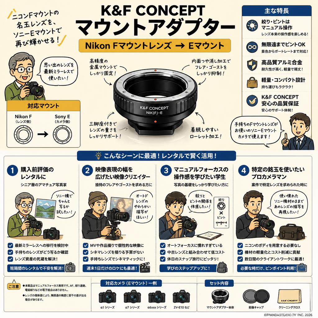 K&F Concept マウントアダプター Nikon Fマウントレンズ→ Eマウント おもな対象のお客様