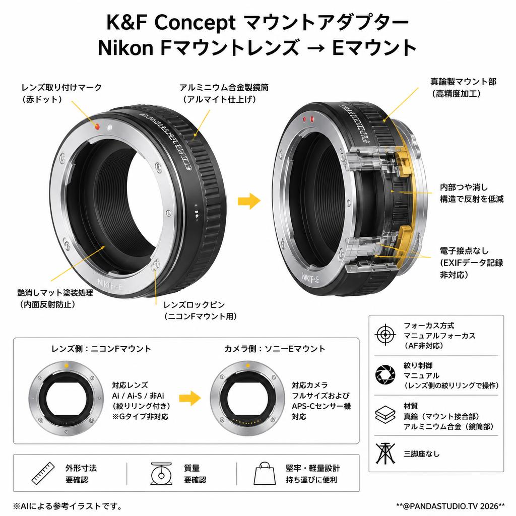 K&F Concept マウントアダプター Nikon Fマウントレンズ→ Eマウント スペック