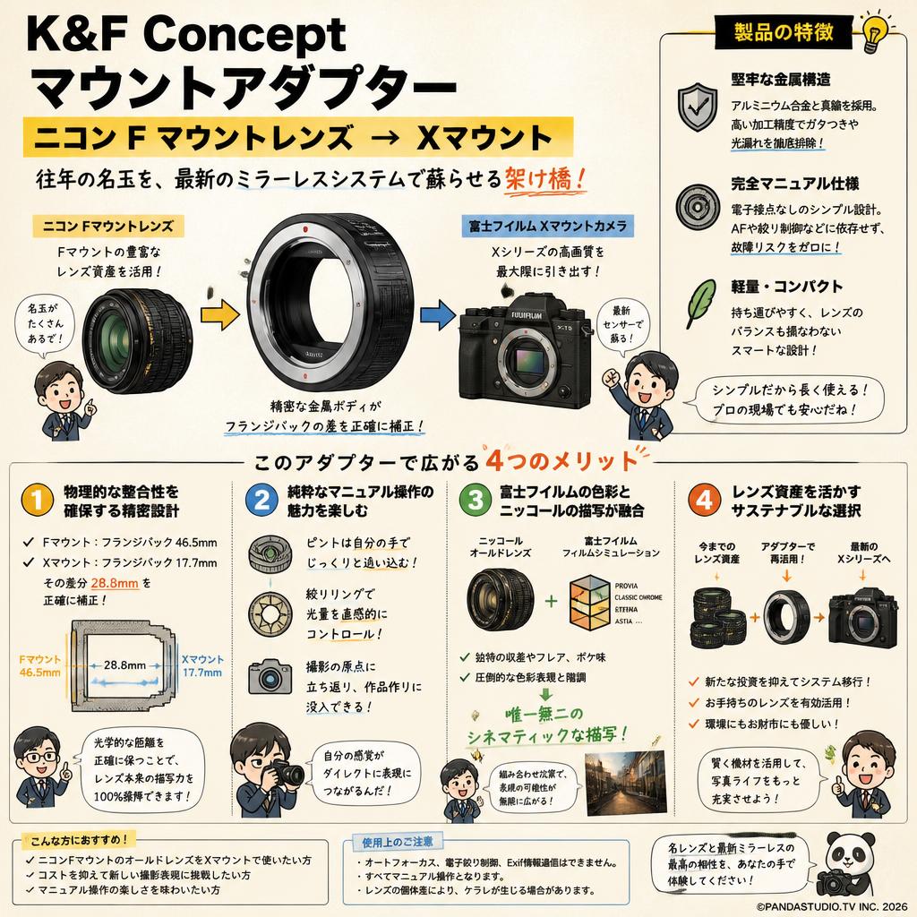 K&F Concept マウントアダプター ニコン Fマウントレンズ→ Xマウント 概要