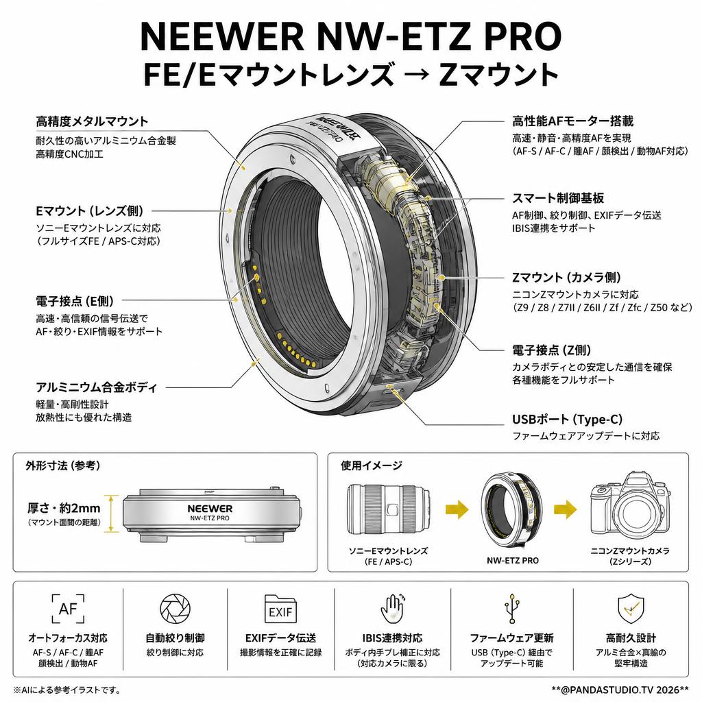 NEEWER NW-ETZ PRO FE/Eマウントレンズ → Zマウント スペック