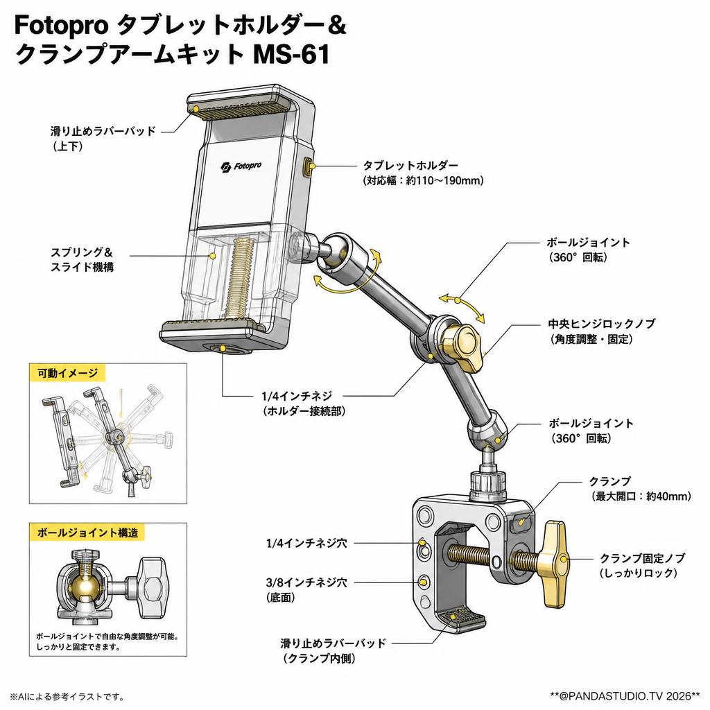 Fotopro タブレットホルダー＆クランプアームキット MS-61 スペック