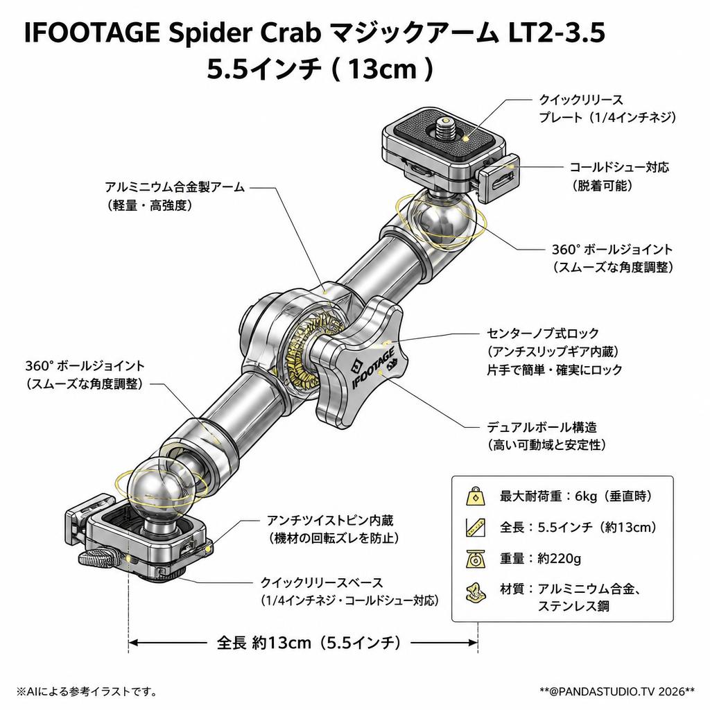 IFOOTAGE Spider Crab マジックアーム LT2-3.5 5.5インチ ( 13cm ) スペック