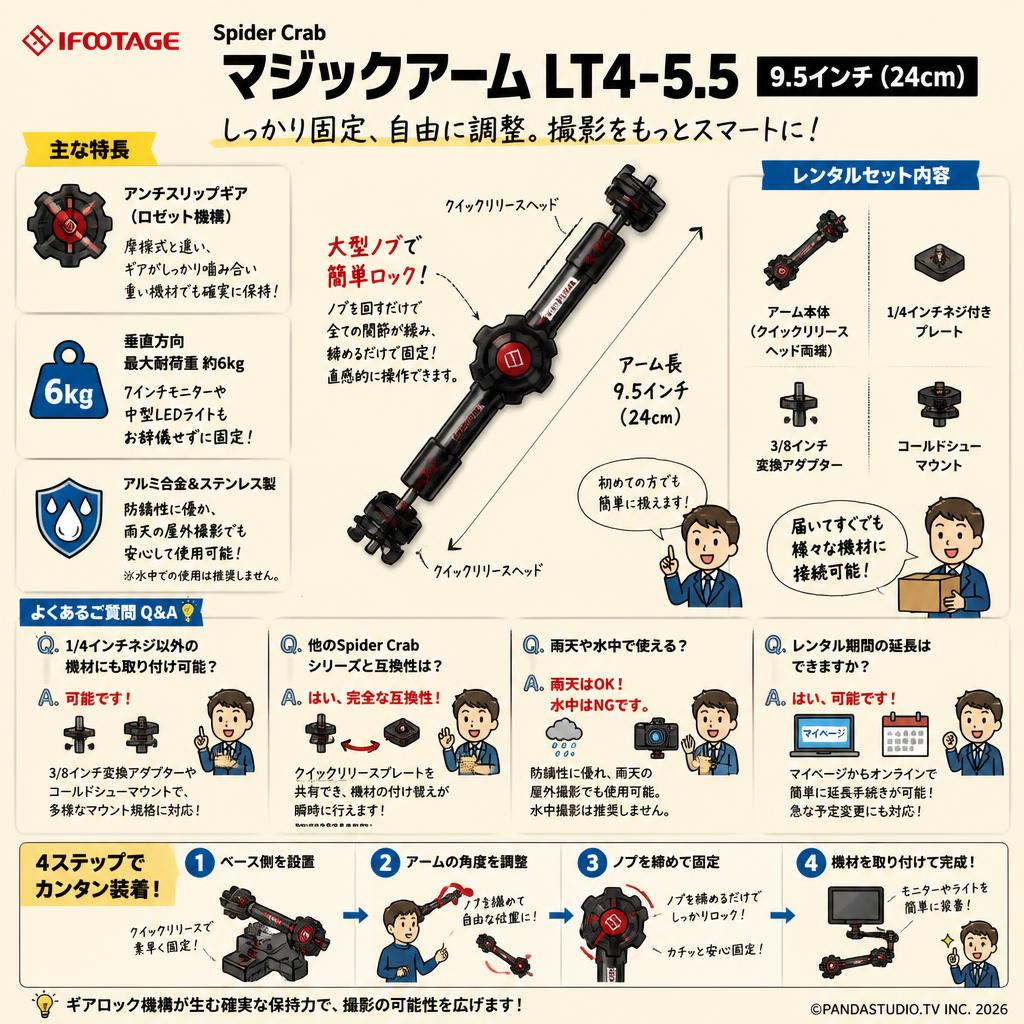 IFOOTAGE Spider Crab マジックアーム LT4-5.5 9.5 インチ ( 24cm ) FAQ（よくある質問と答え）