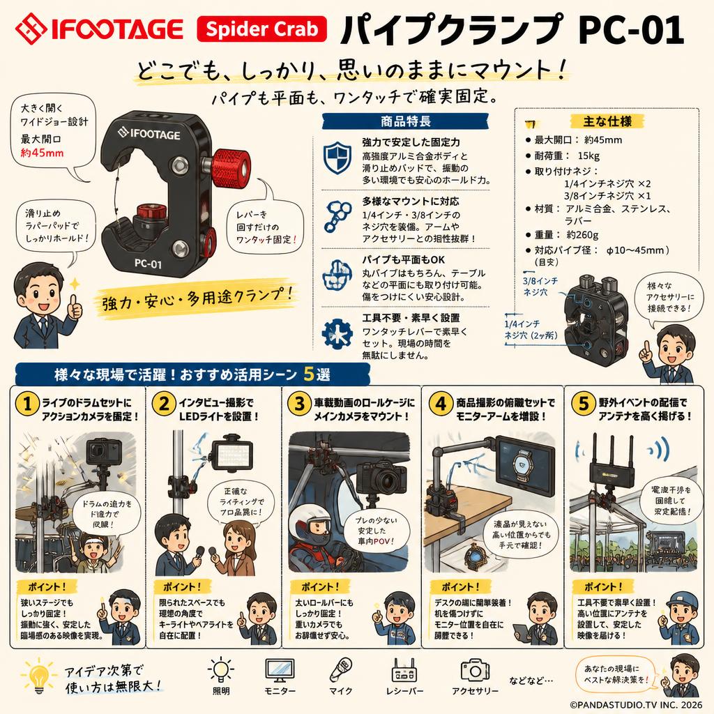 IFOOTAGE Spider Crab パイプクランプ PC-01 用途
