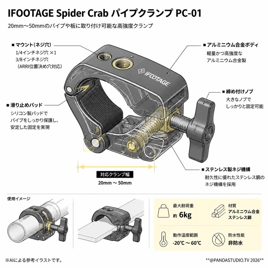 IFOOTAGE Spider Crab パイプクランプ PC-01 スペック