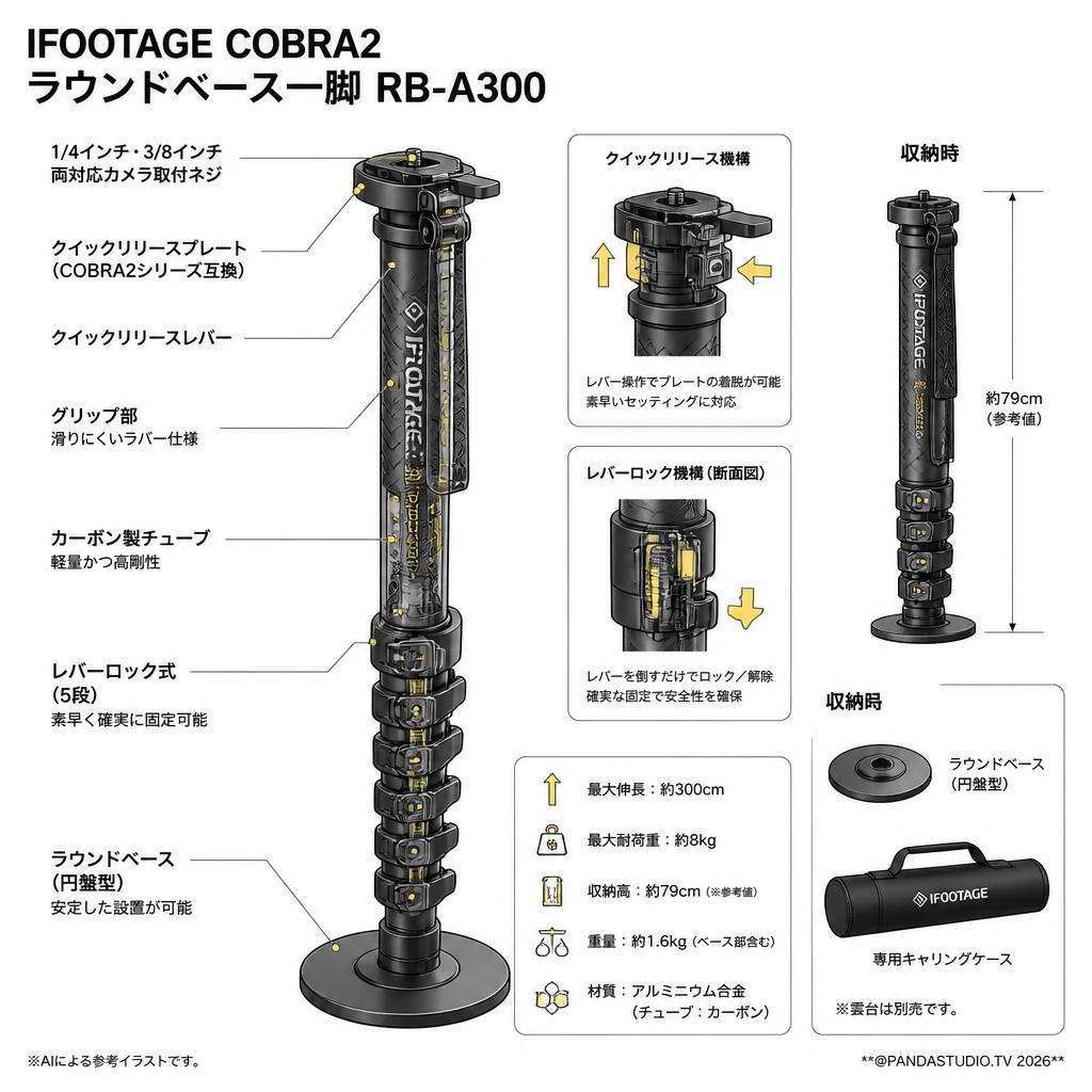 IFOOTAGE COBRA2 ラウンドベース一脚 RB-A300 スペック
