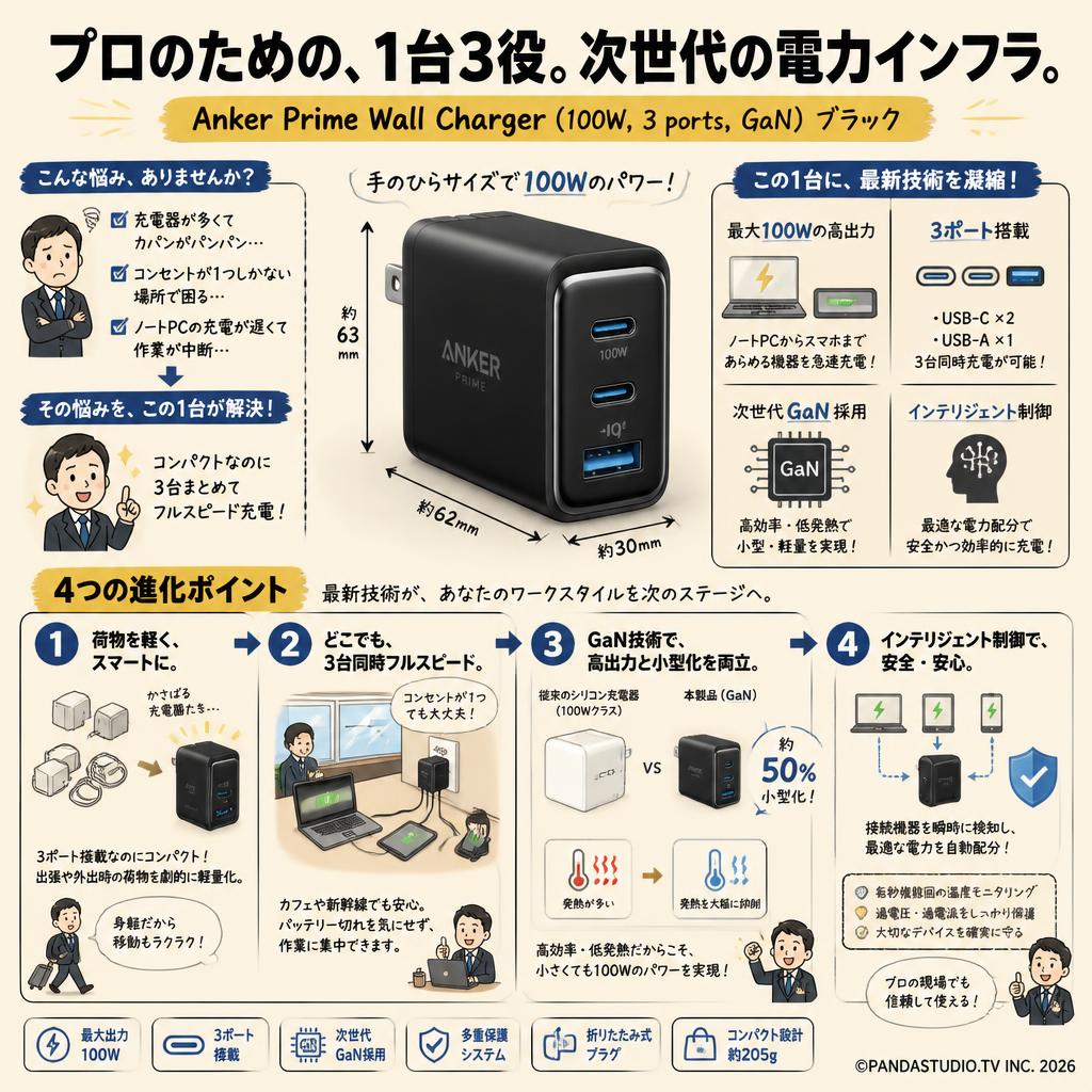 Anker Prime Wall Charger (100W, 3 ports, GaN) ブラック 概要