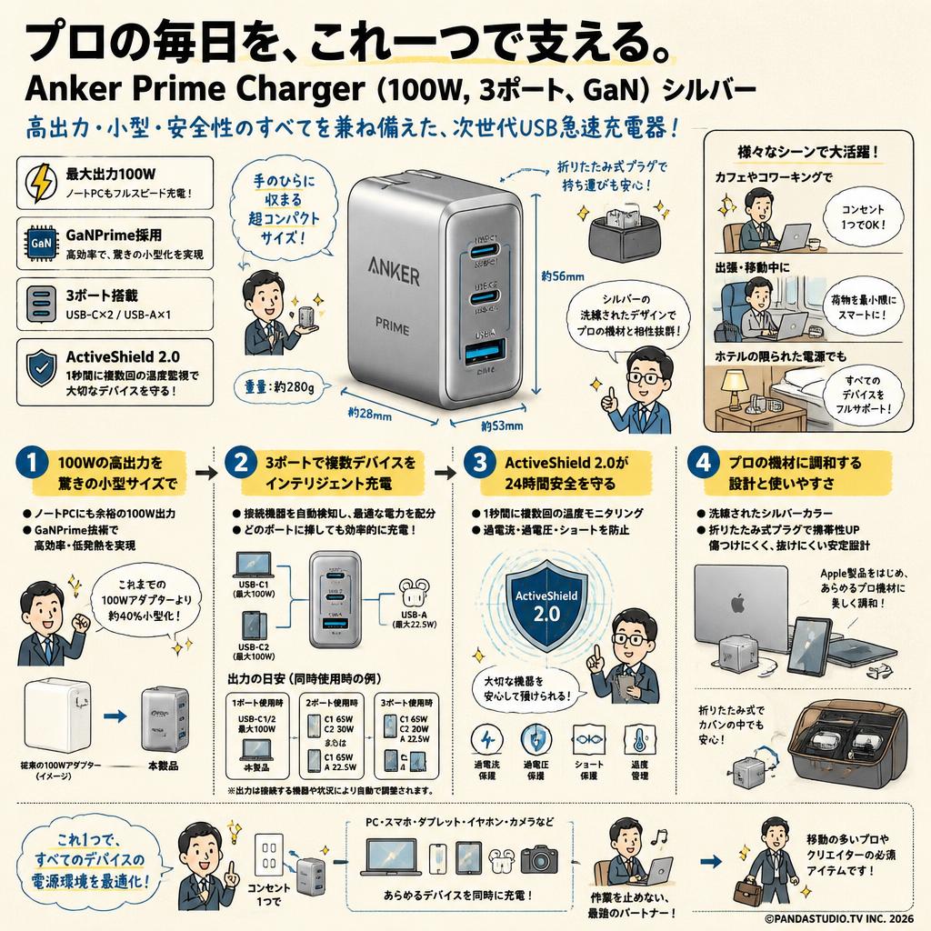 Anker Prime Chargerr (100W, 3 ports, GaN) シルバー 概要