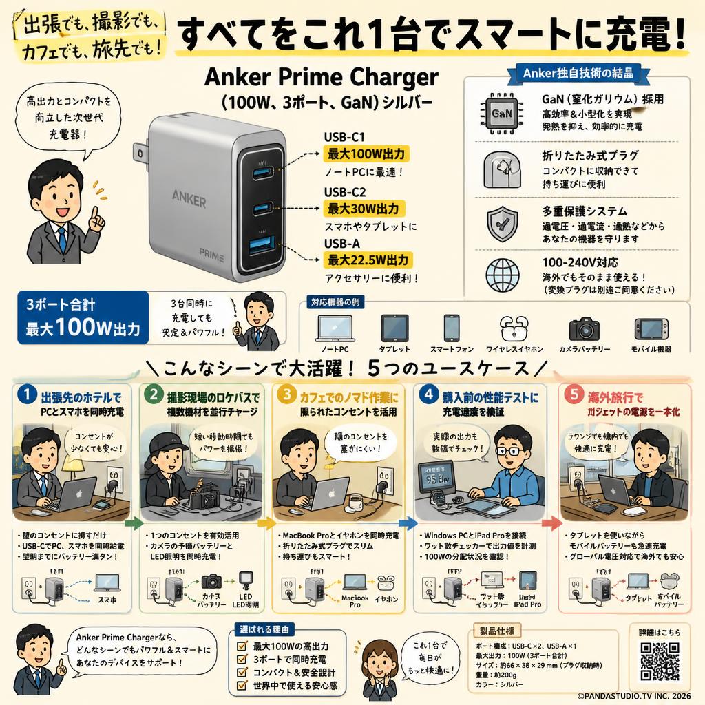 Anker Prime Chargerr (100W, 3 ports, GaN) シルバー 用途