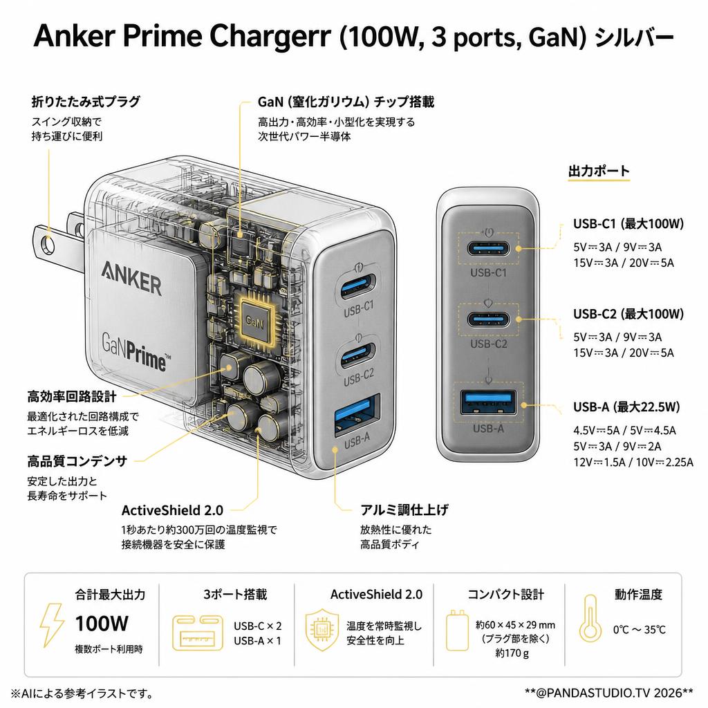 Anker Prime Chargerr (100W, 3 ports, GaN) シルバー スペック