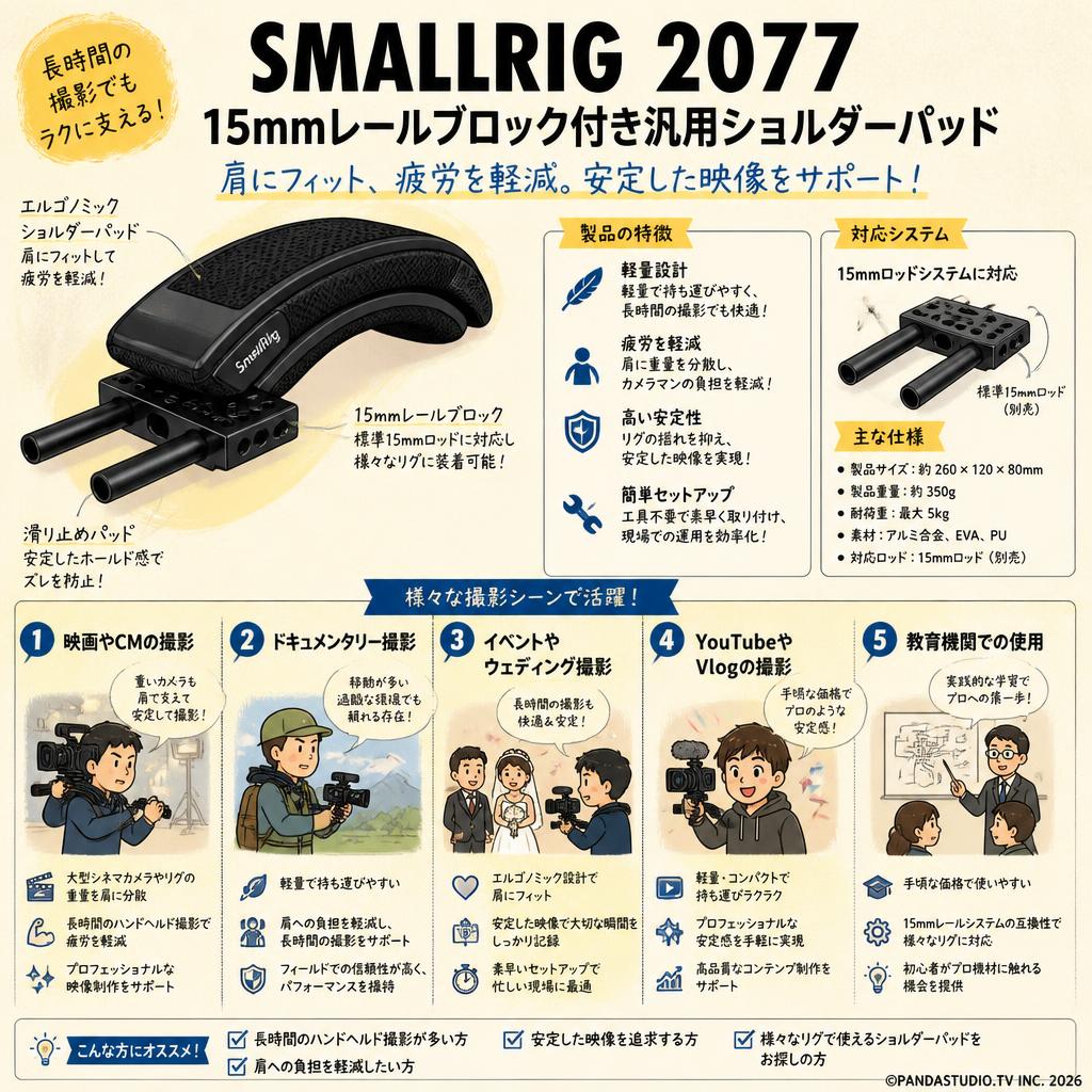 SMALLRIG 2077 15mmレールブロック付き汎用ショルダーパッド 用途