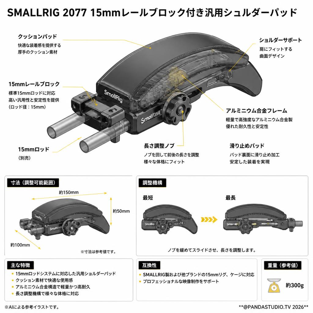 SMALLRIG 2077 15mmレールブロック付き汎用ショルダーパッド スペック