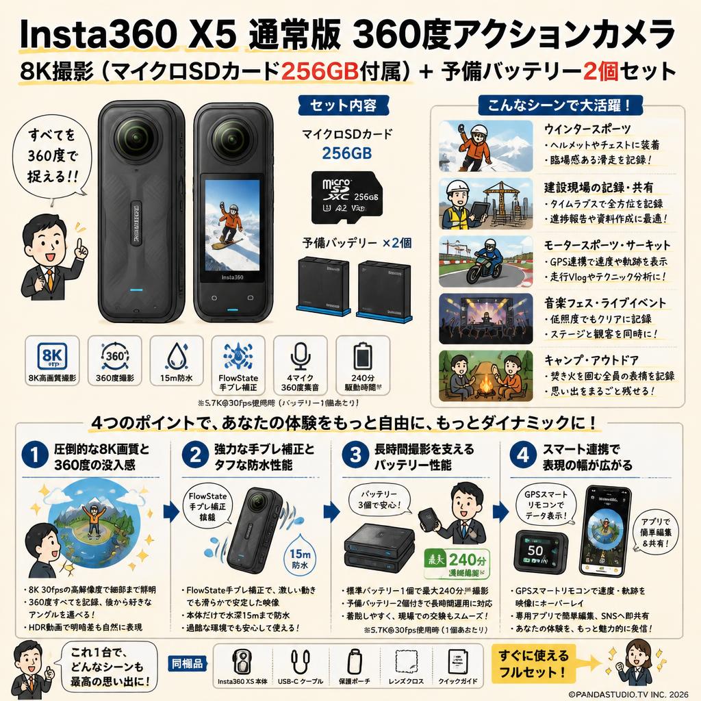 Insta360 X5 通常版 360度アクションカメラ 8K撮影 ( マイクロSDカード 256GB付属 ）+ 予備バッテリー 2個セット 用途