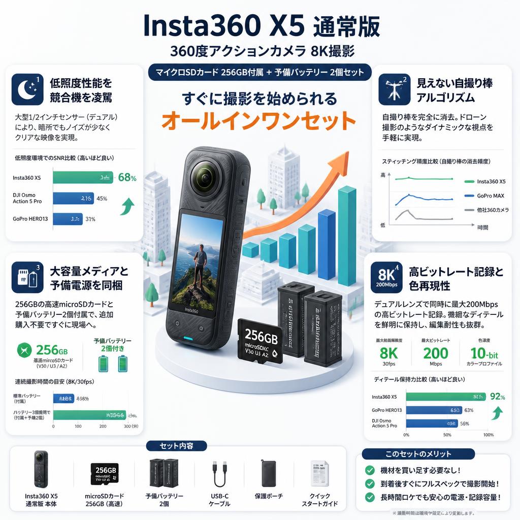 Insta360 X5 通常版 360度アクションカメラ 8K撮影 ( マイクロSDカード 256GB付属 ）+ 予備バッテリー 2個セット セールスポイント