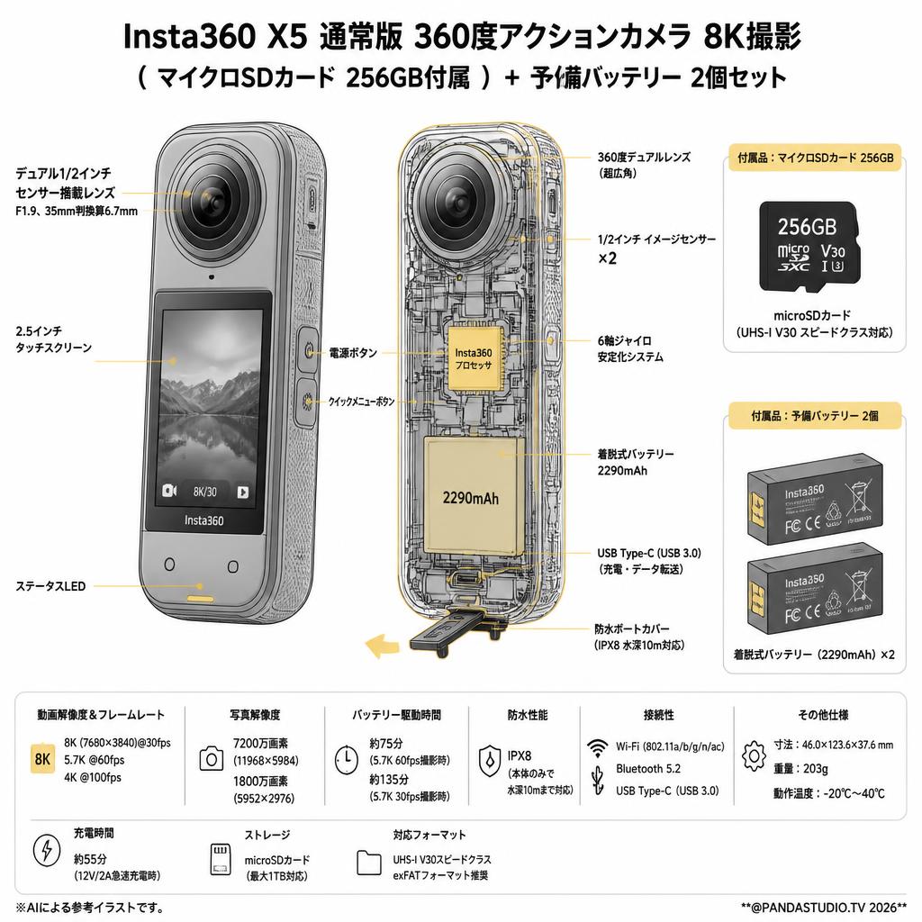 Insta360 X5 通常版 360度アクションカメラ 8K撮影 ( マイクロSDカード 256GB付属 ）+ 予備バッテリー 2個セット スペック