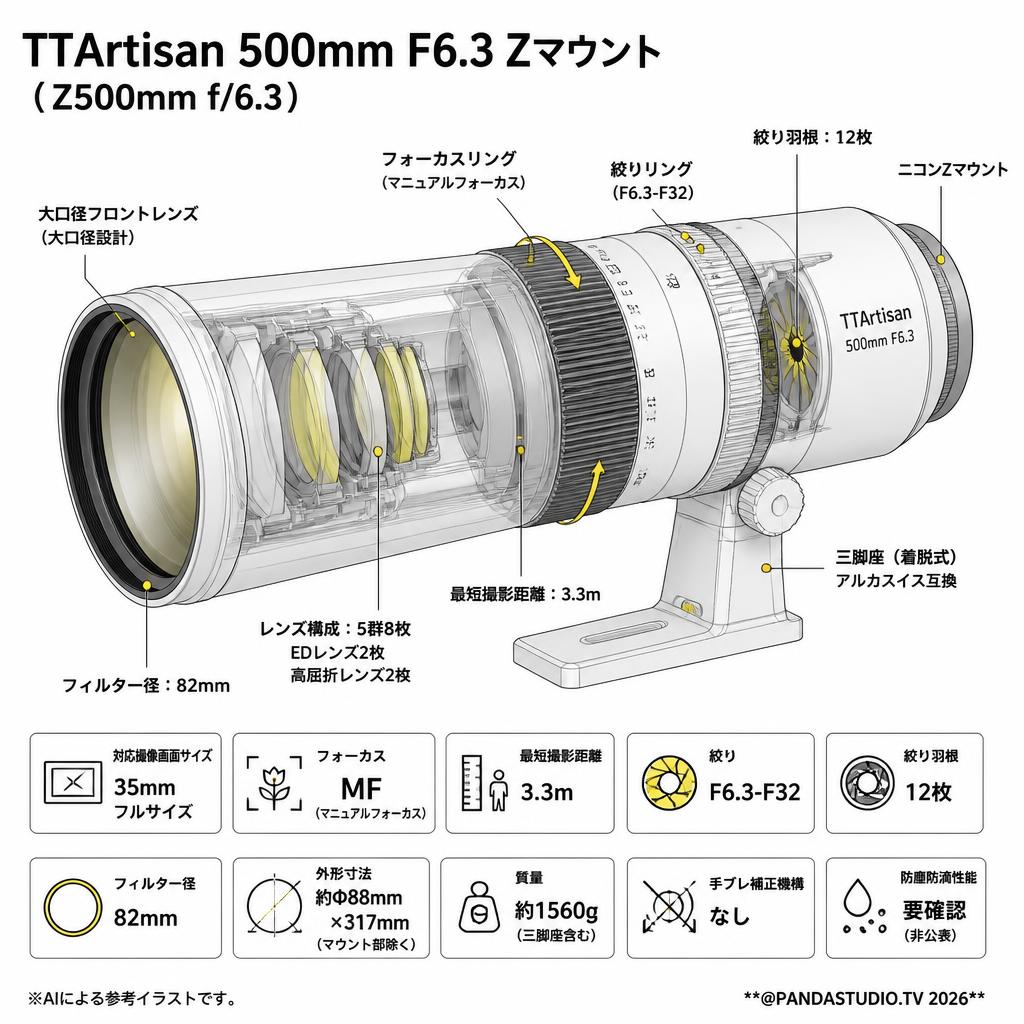 TTArtisan 500mm F6.3 Zマウント （Z500mm f/6.3） スペック