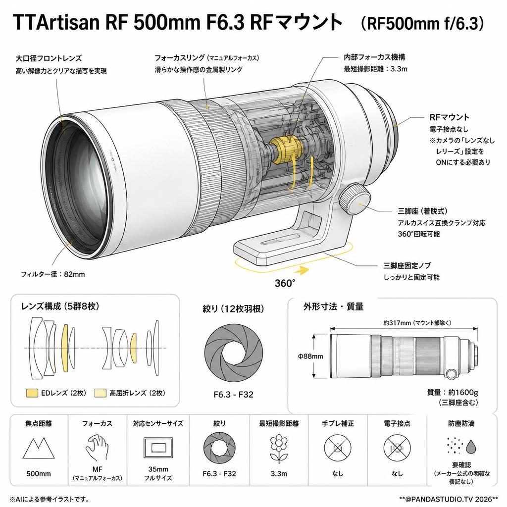 TTArtisan RF 500mm F6.3 RFマウント （RF500mm f/6.3） スペック