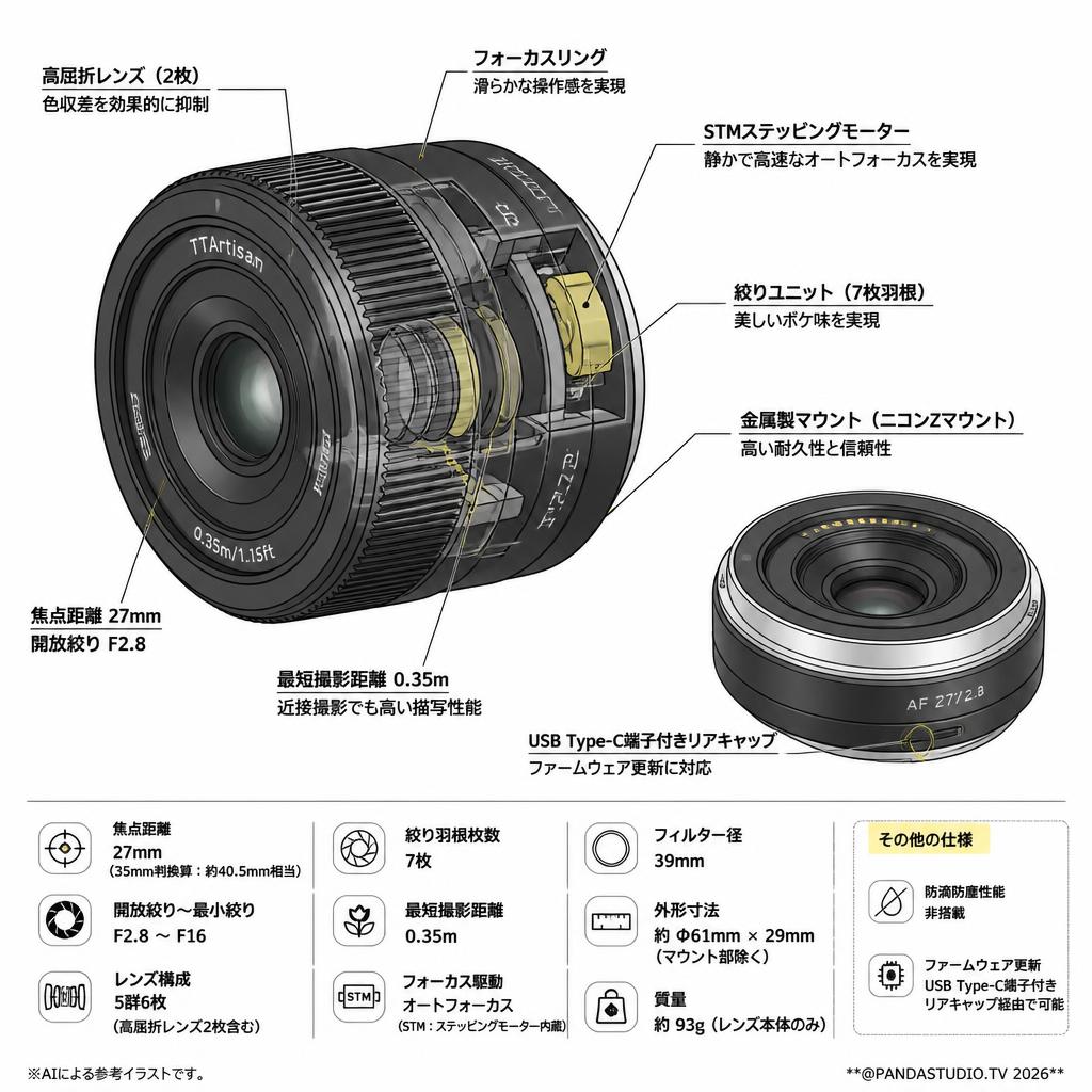 TTArtisan AF 27mm F2.8 APS-C Zマウントブラック(AF27mm f/2.8 Z (B)) スペック