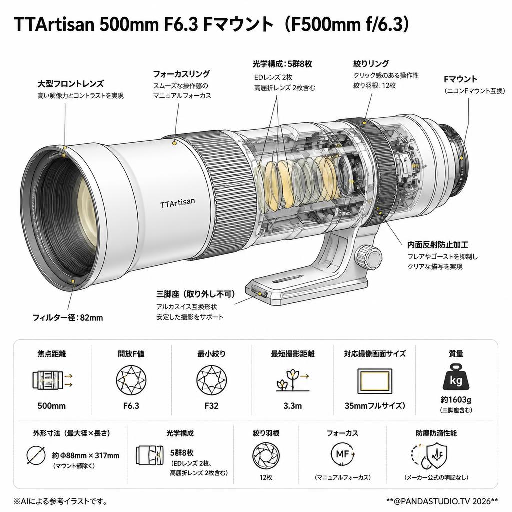 TTArtisan 500mm F6.3 Fマウント （F500mm f/6.3） スペック