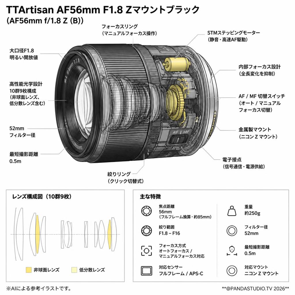 TTArtisan AF56mm F1.8 Zマウントブラック (AF56mm f/1.8 Z (B)) スペック