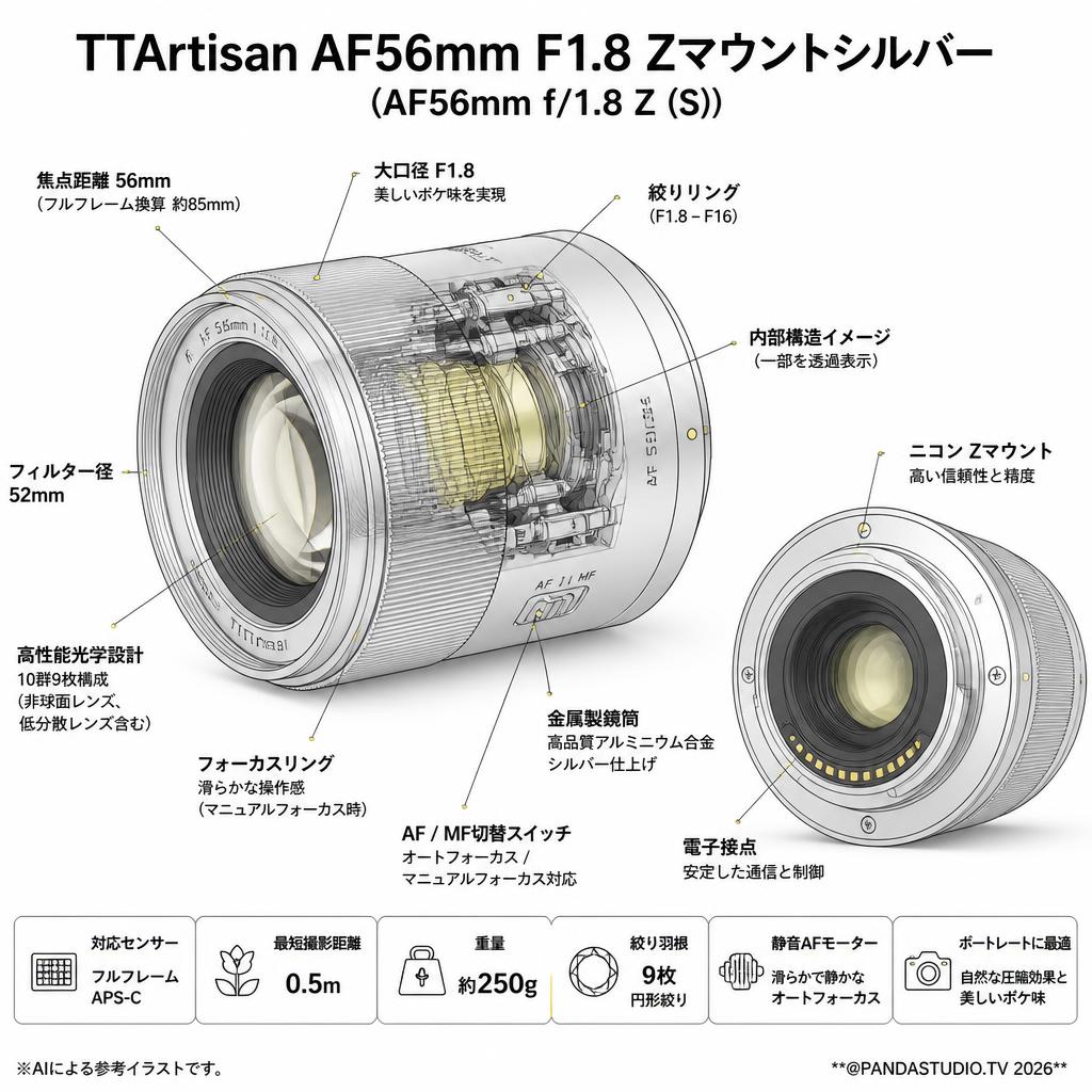 TTArtisan AF56mm F1.8 Zマウントシルバー（AF56mm f/1.8 Z (S)） スペック