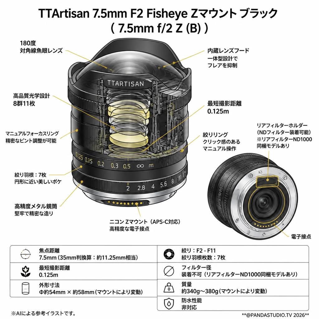 TTArtisan 7.5mm F2 Fisheye Zマウント ブラック（ 7.5mm f/2 Z (B) ） スペック