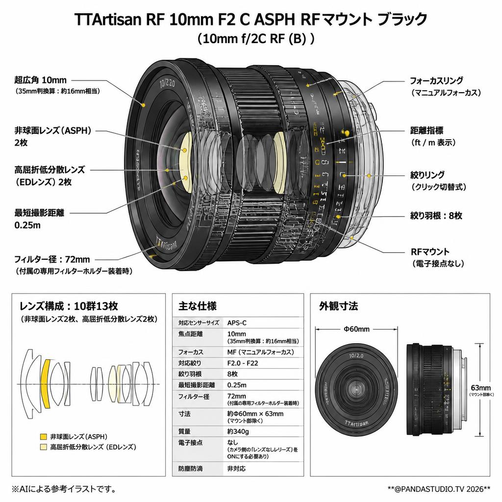 TTArtisan RF 10mm F2 C ASPH RFマウント ブラック（10mm f/2C RF (B) ） スペック