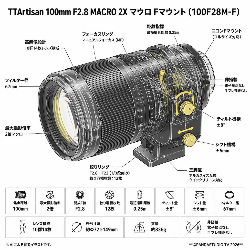 TTArtisan 100mm F2.8 MACRO 2X マクロ Fマウント ( 100F28M-F ) スペック