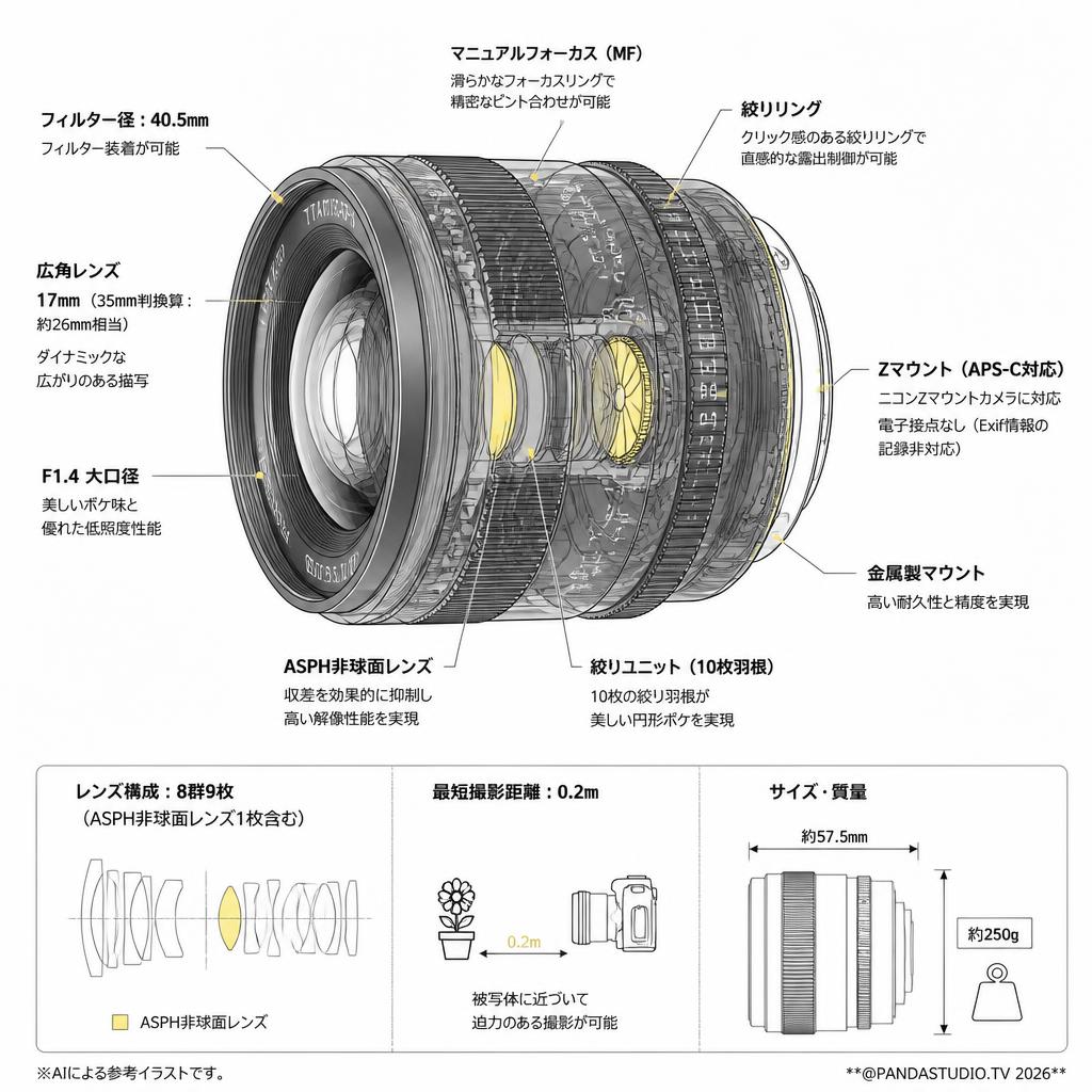 TTArtisan 17mm F1.4 C ASPH Zマウント ブラック スペック