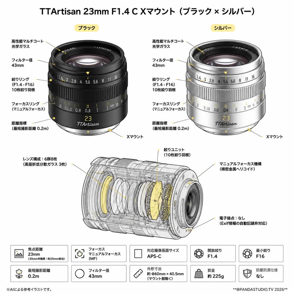 TTArtisan 23mm F1.4 C Xマウント （ブラック × シルバー ） スペック