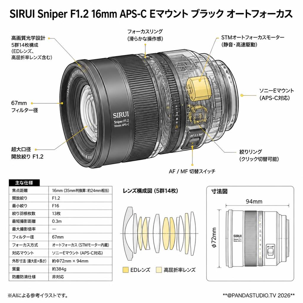 SIRUI Sniper F1.2 16mm APS-C Eマウント ブラック オートフォーカス スペック