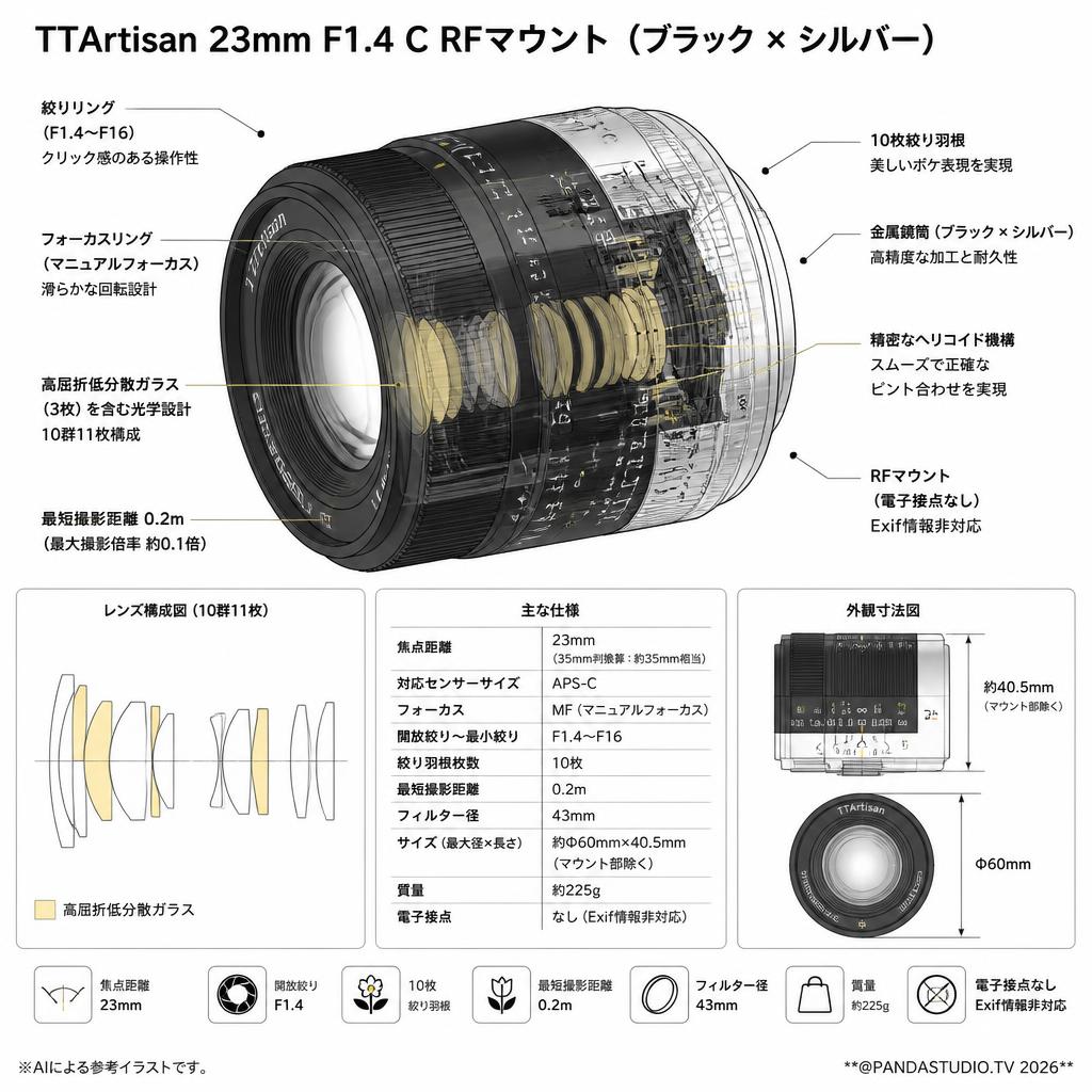 TTArtisan 23mm F1.4 C RFマウント （ブラック × シルバー ） スペック