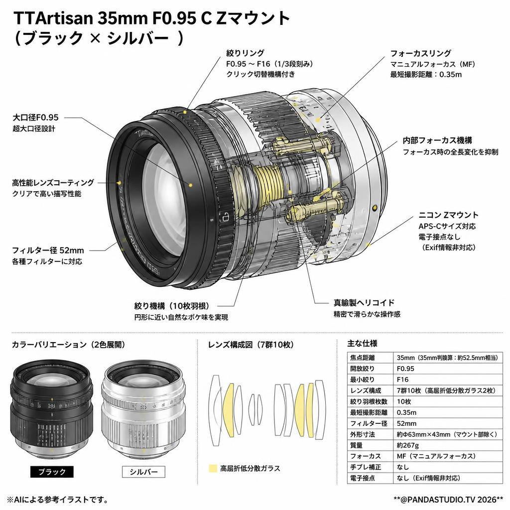 TTArtisan 35mm F0.95 C Zマウント （ブラック × シルバー ） スペック
