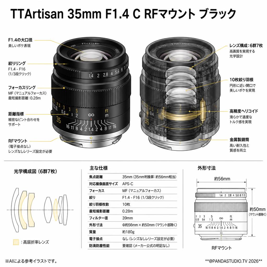 TTArtisan 35mm F1.4 C RFマウント ブラック スペック