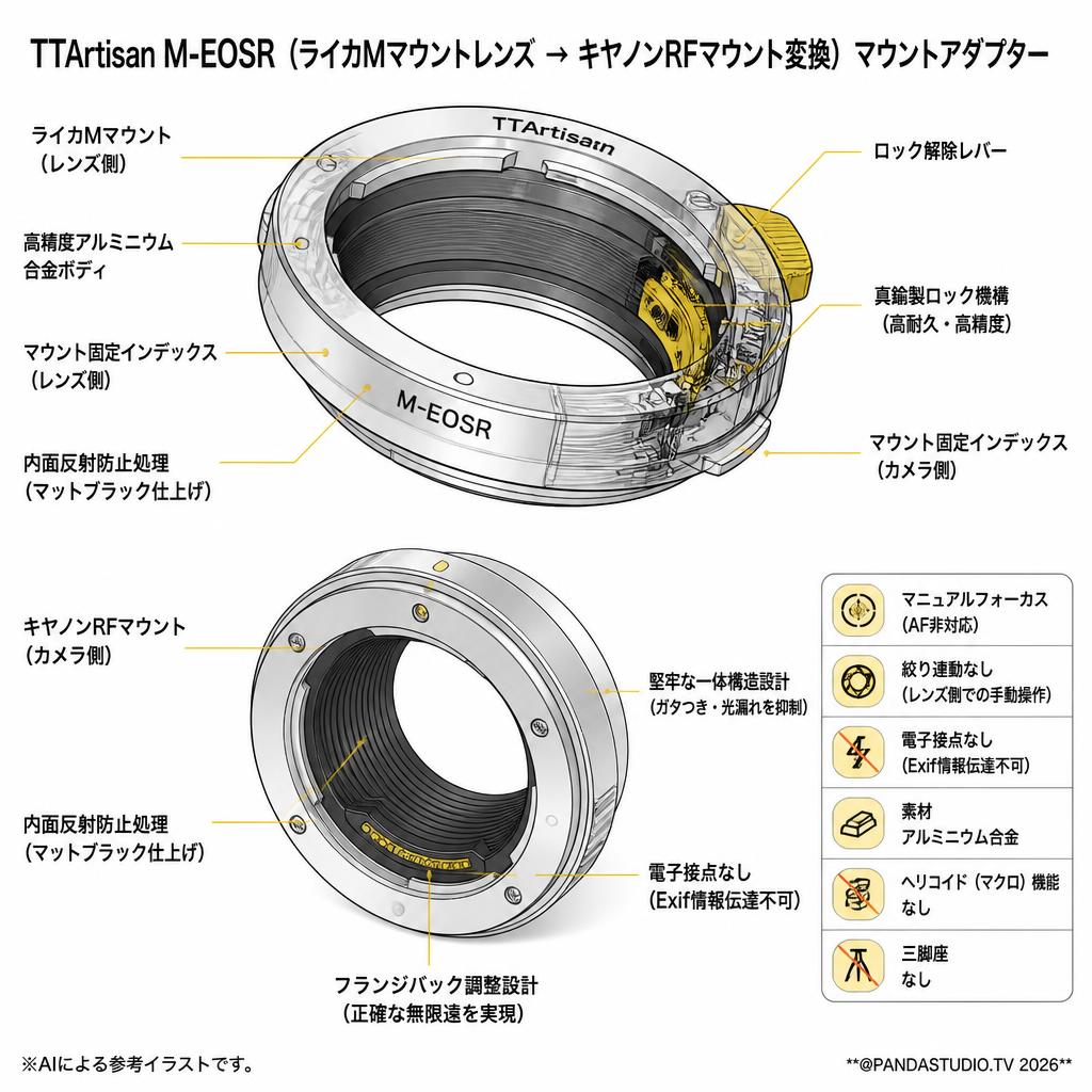 TTArtisan M-EOSR（ライカMマウントレンズ → キヤノンRFマウント変換）マウントアダプター スペック