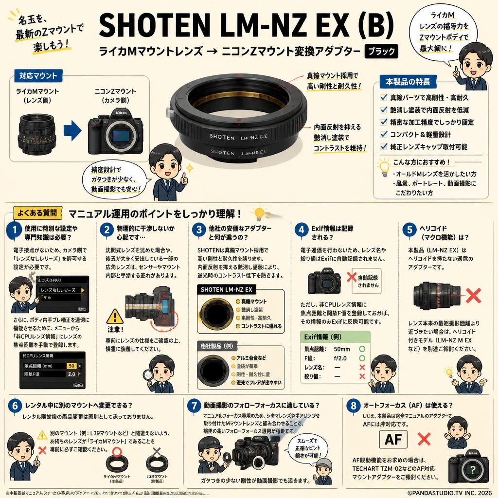 SHOTEN LM-NZ EX (B)（ライカMマウントレンズ → ニコンZマウント変換）ブラック マウントアダプター FAQ（よくある質問と答え）
