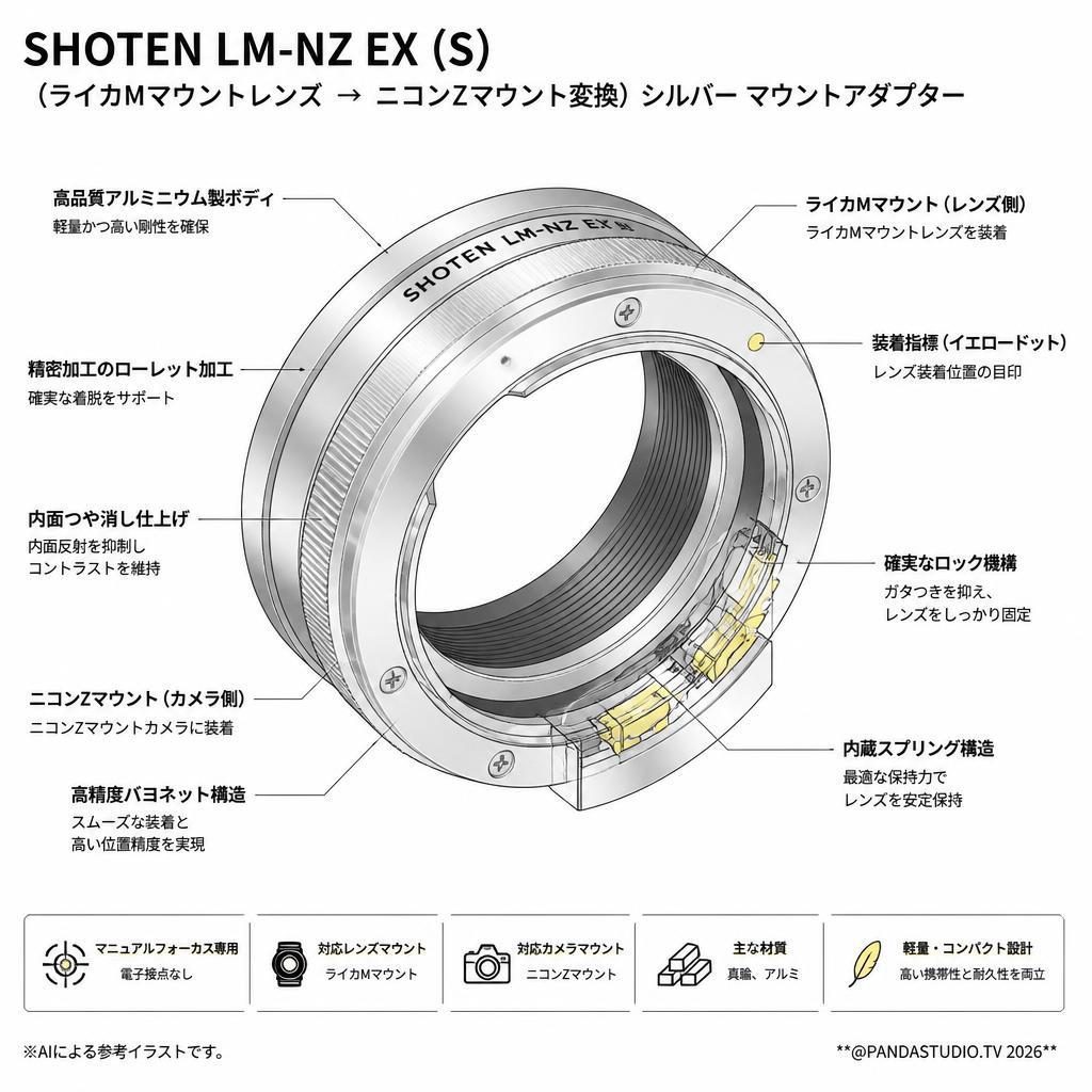 SHOTEN LM-NZ EX (S)（ライカMマウントレンズ → ニコンZマウント変換）シルバー マウントアダプター スペック